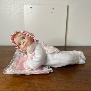 Baby Porcelain Doll With Pink Pillow Ready To Sleep Vintage Collectible No Brand